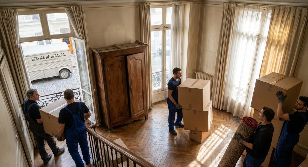 Équipe de débarras professionnelle intervenant dans un appartement parisien du 19ème