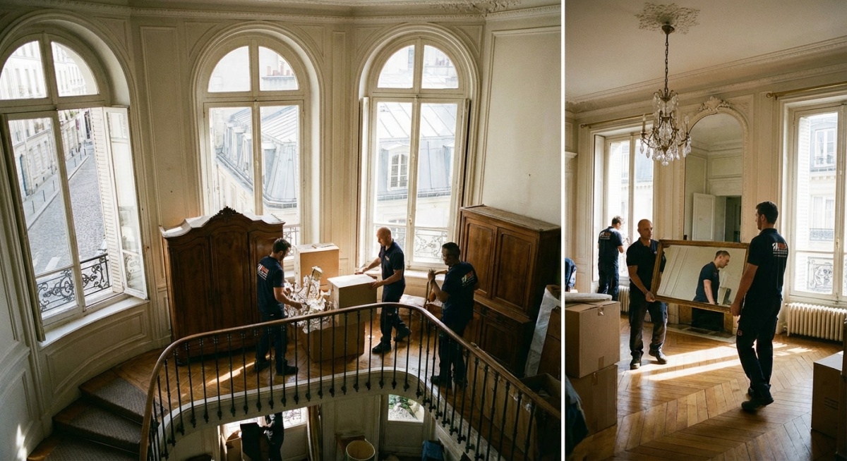 Équipe de débarras professionnelle vidant un appartement parisien du 1er arrondissement