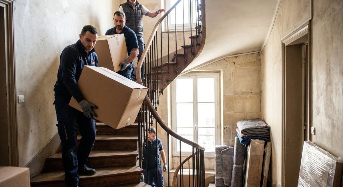 Équipe de débarrasseurs professionnels évacuant des meubles d'un appartement parisien