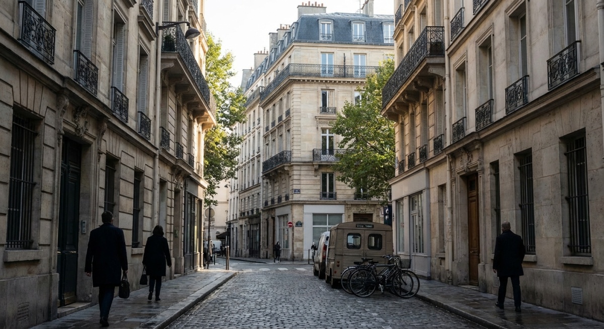 Rue typique du 2ème arrondissement de Paris avec immeubles haussmanniens