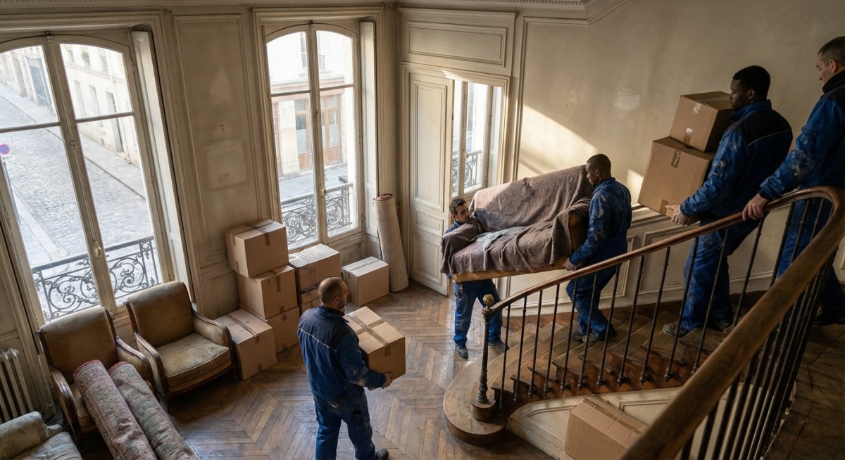 Équipe de débarras professionnelle intervenant dans un appartement parisien du Marais