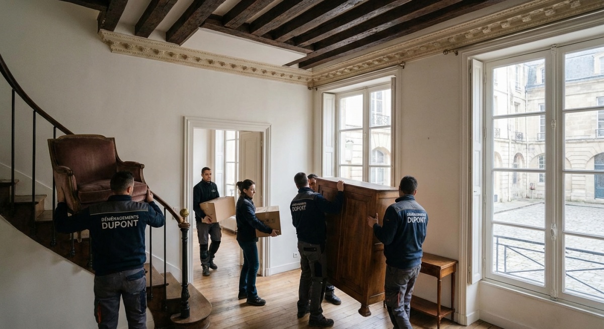 Équipe de débarras professionnelle vidant un appartement haussmannien du Marais à Paris 4e