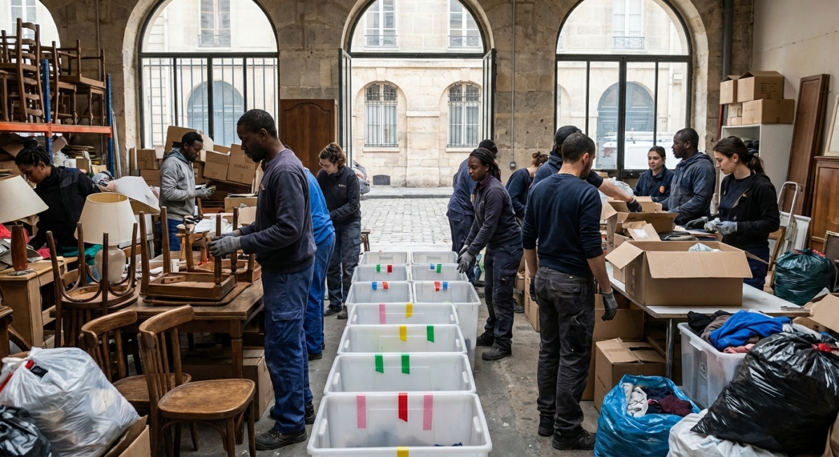 Équipe de professionnels triant et valorisant les objets récupérés lors d'un débarras à Paris