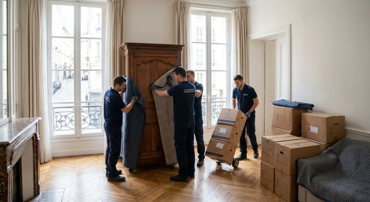 Équipe de débarras professionnelle intervenant dans un appartement parisien du 5ème arrondissement
