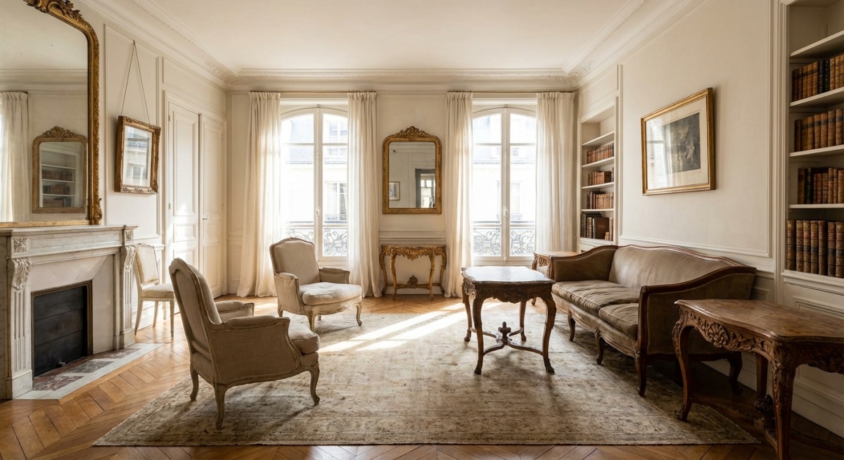 Intérieur élégant d'un appartement parisien du 7ème arrondissement avec mobilier ancien