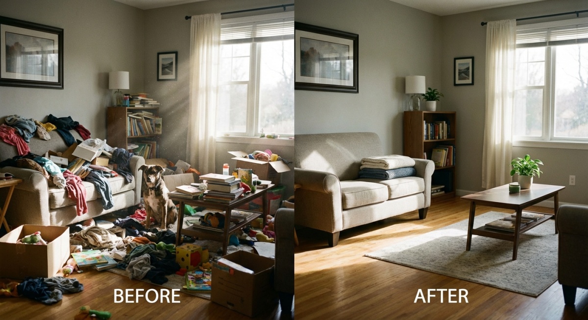 Transformation avant/après d'un débarras complet à Poissy