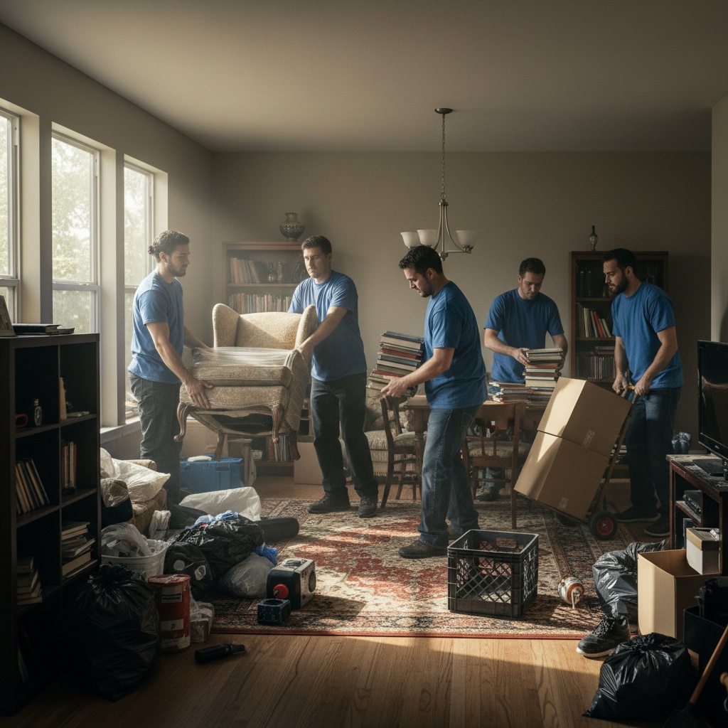 Équipe de débarrassage professionnel vidant une maison encombrée à Saint-Maur-des-Fossés
