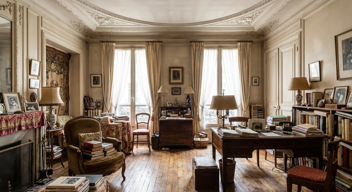 Intérieur d'appartement parisien haussmannien encombré avant débarras