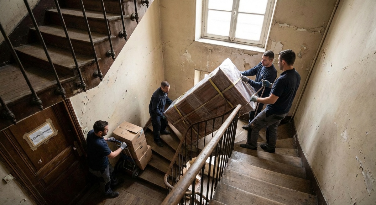 Équipe professionnelle évacuant mobilier par escalier haussmannien