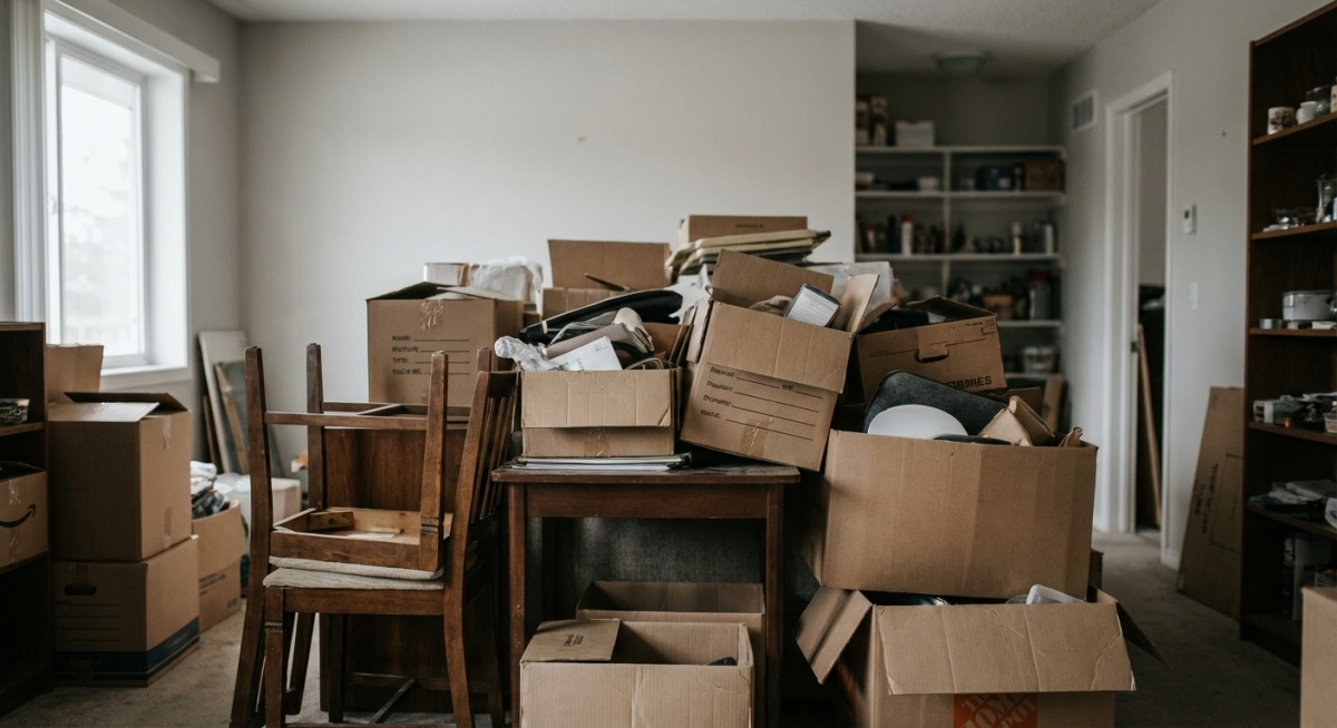 Avant débarras : pièce encombrée avec meubles et cartons